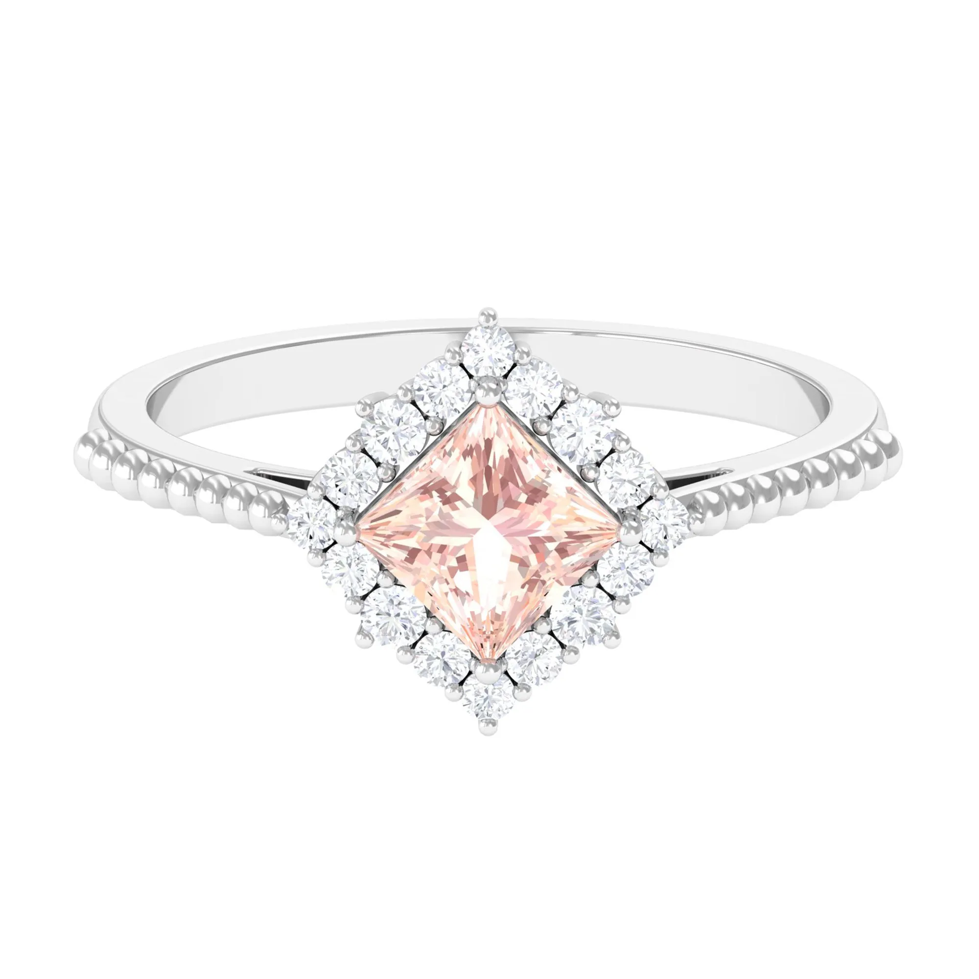 1 Ct Princess Morganite and Diamond Halo Engagement Ring