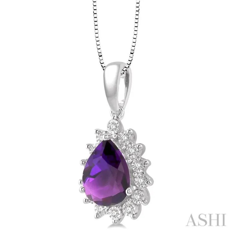 1/10 Ctw Pear Shape 9x6 MM Amethyst & Round Cut Diamond Semi Precious Pendant in 10K White Gold