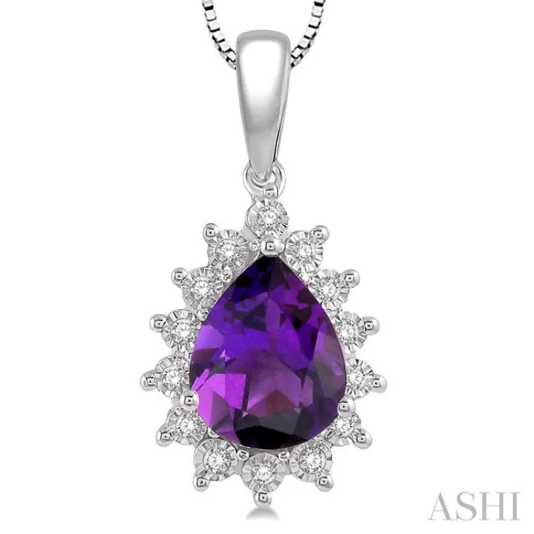 1/10 Ctw Pear Shape 9x6 MM Amethyst & Round Cut Diamond Semi Precious Pendant in 10K White Gold