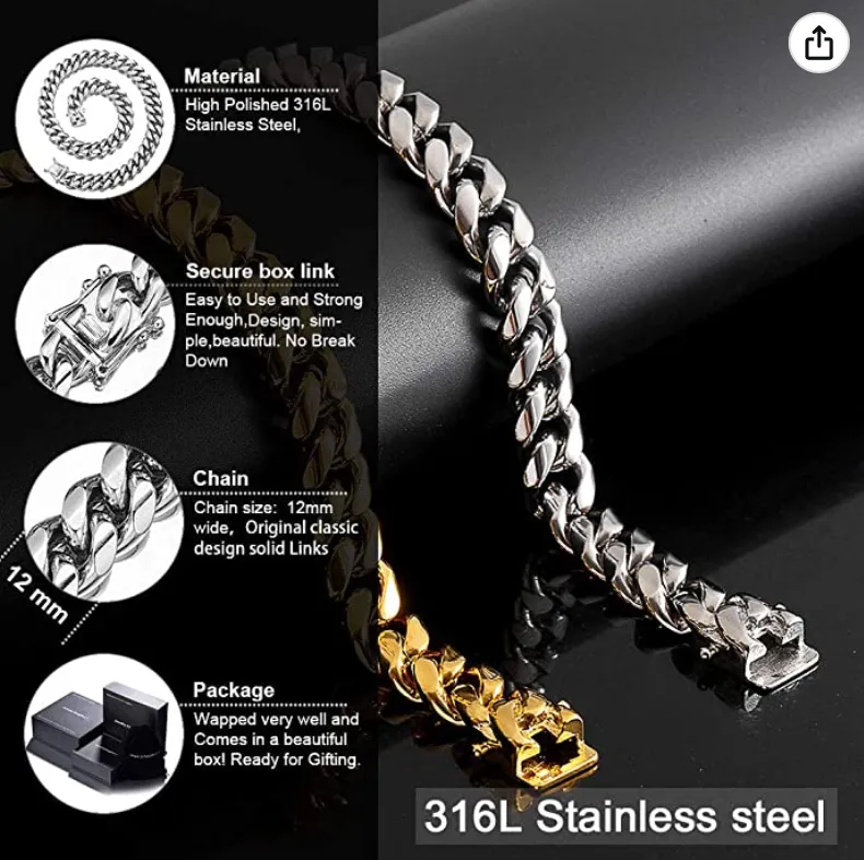 12mm Stainless Steel Cuban Link Chain Silver Tone Hip Hop Rapper Jewelry 16 - 30in.