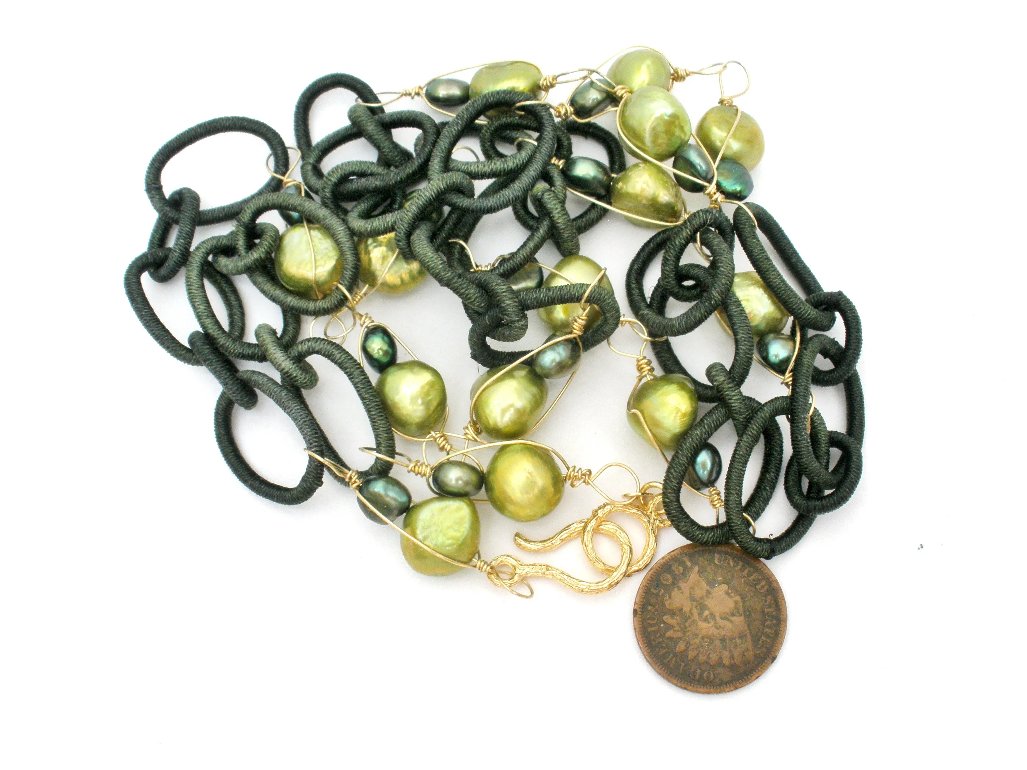 14K Gold Over Sterling Green Pearl Necklace Designs by Veronica