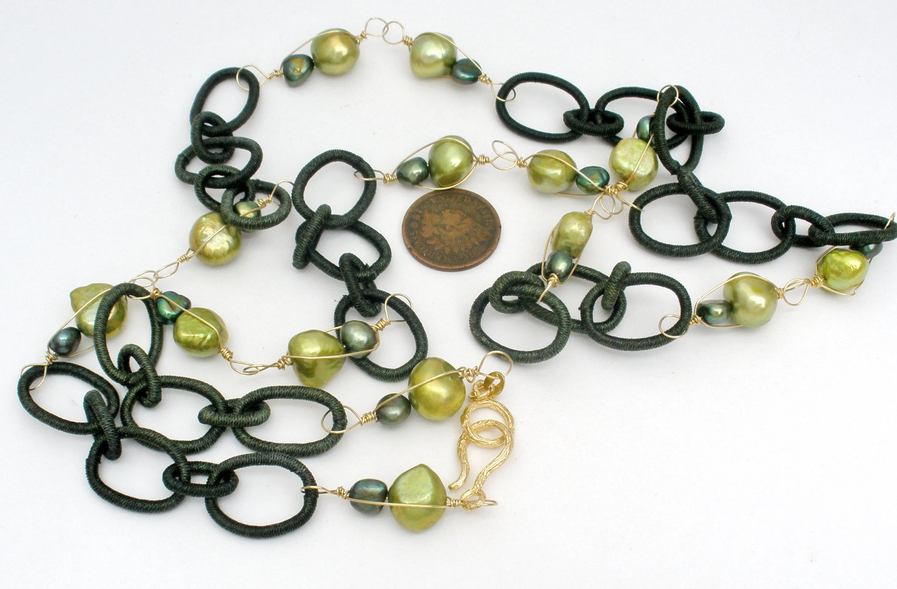 14K Gold Over Sterling Green Pearl Necklace Designs by Veronica