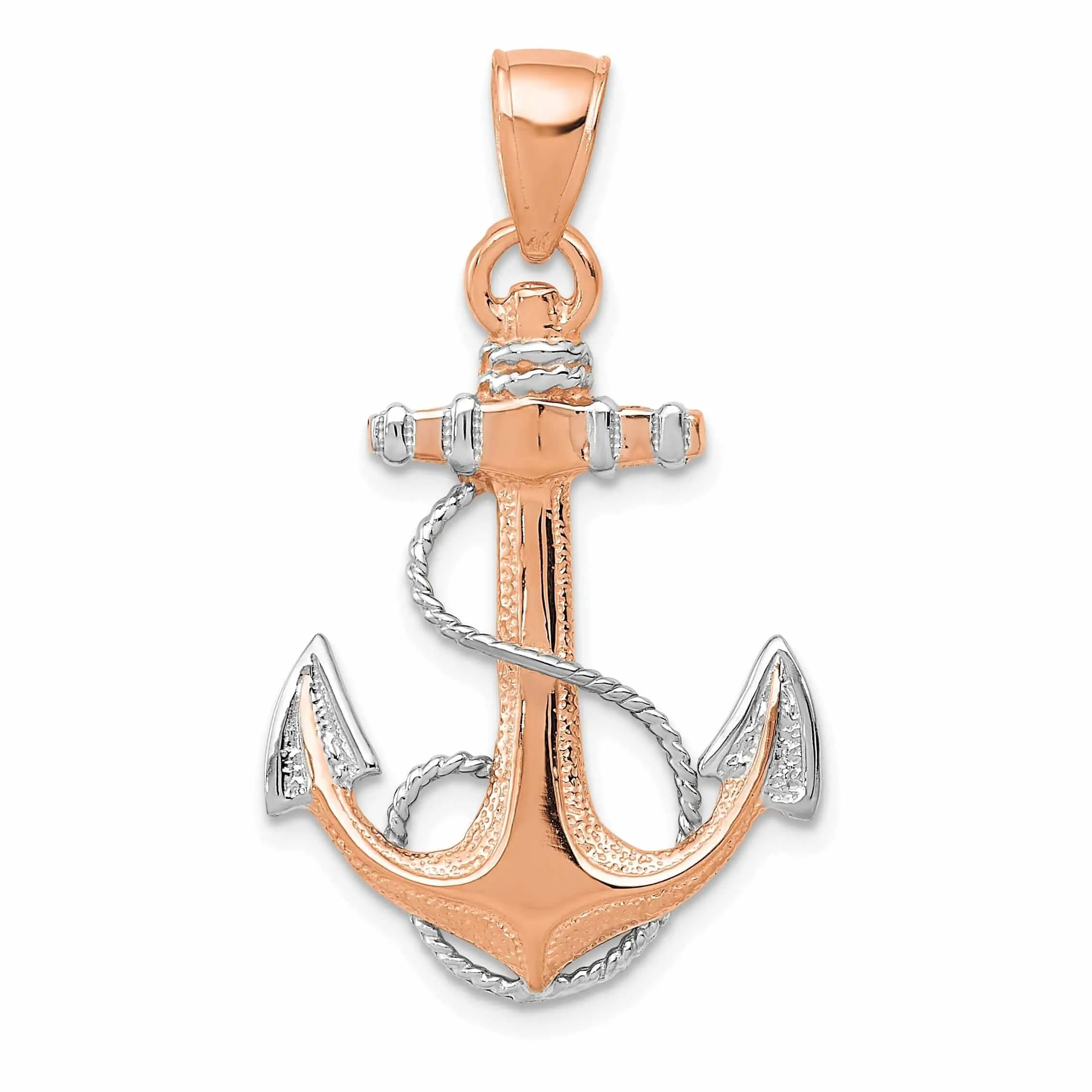 14k Rose Gold Rhodium Polished Texture Finish Anchor with Rope Charm Pendant