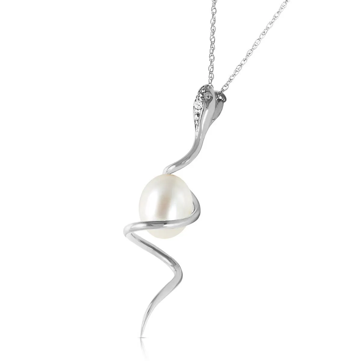 14K Solid White Gold Snake Necklace w/ Pear Shape Natural Pearl & Diamond