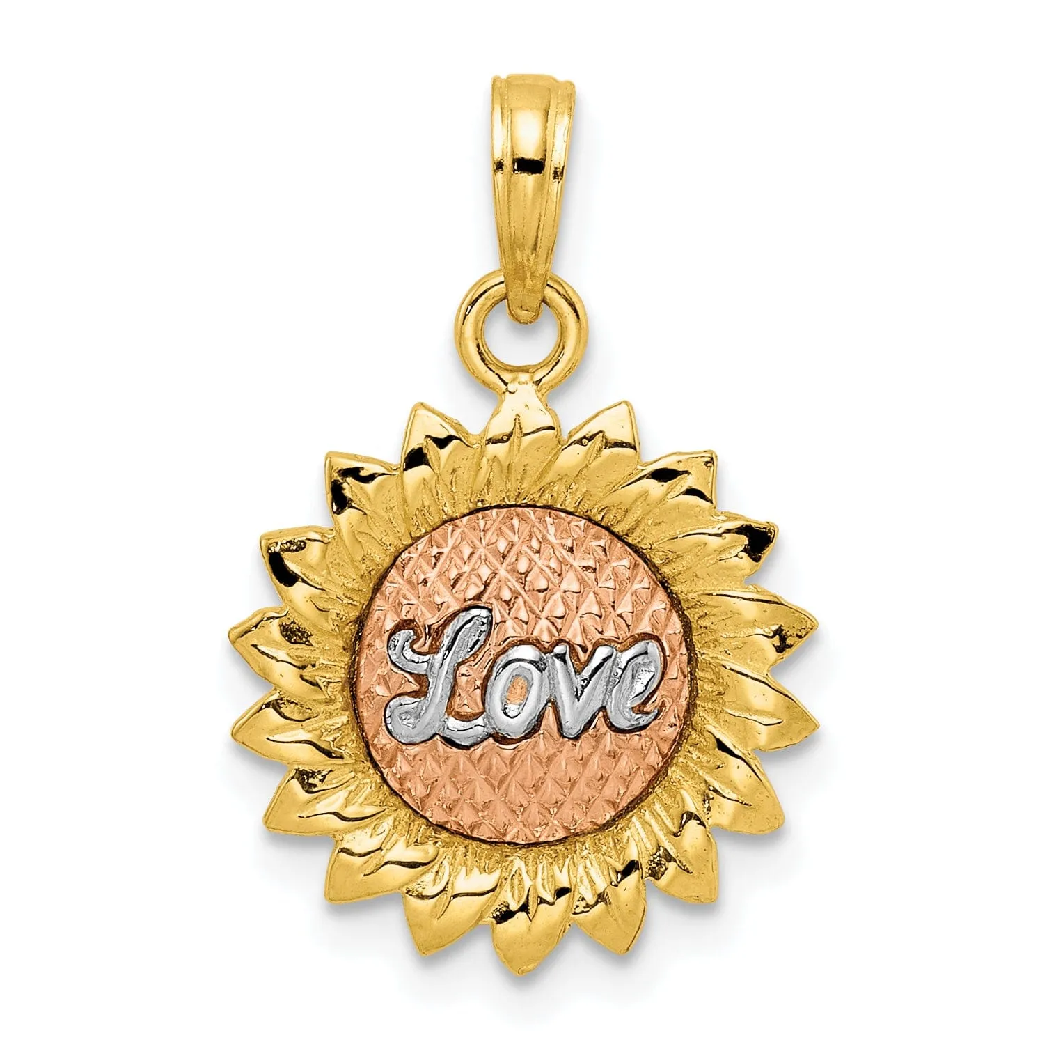 14K Tri-Color Gold Textured Concave Solid Polished Finish Sunflower with  LOVE Charm Pendant