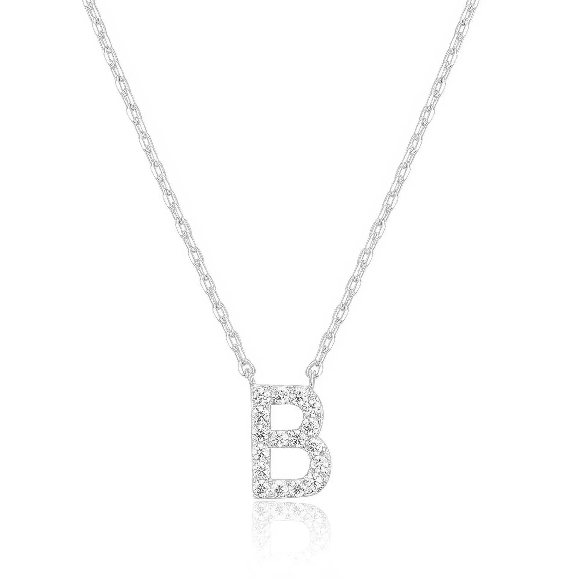 14k White Gold Created Diamond Initial B Letter Pendant Necklace Plated