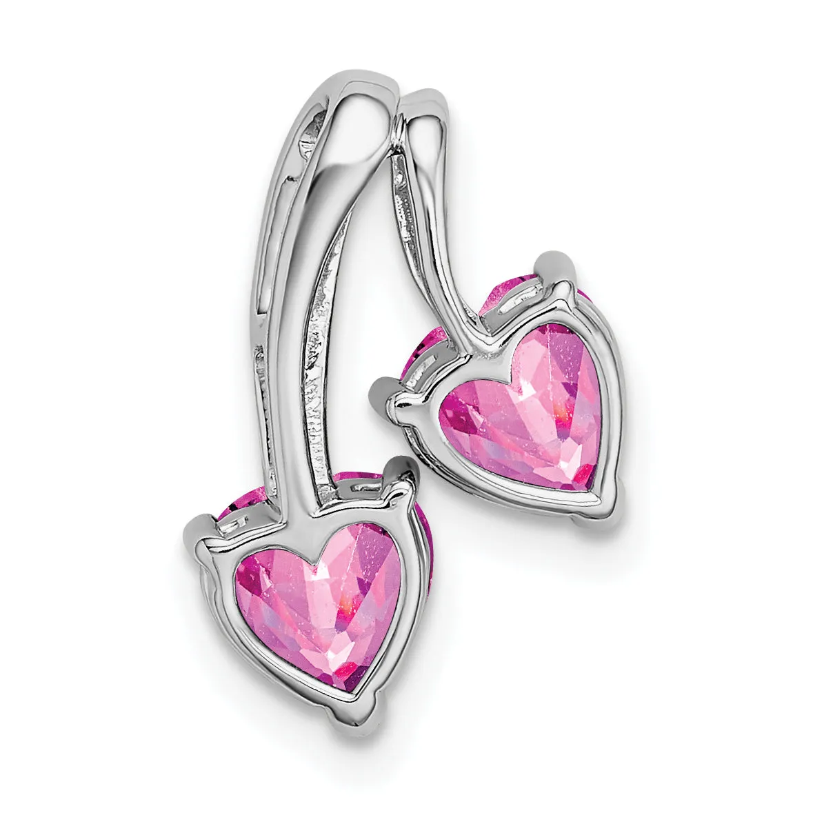 14k White Gold Created Pink Sapphire Diamond 2-Heart Pendant