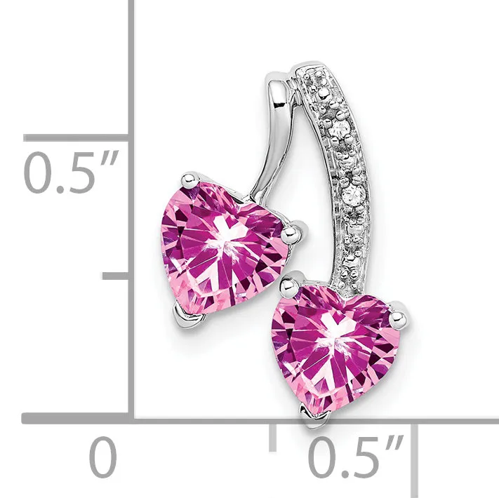 14k White Gold Created Pink Sapphire Diamond 2-Heart Pendant