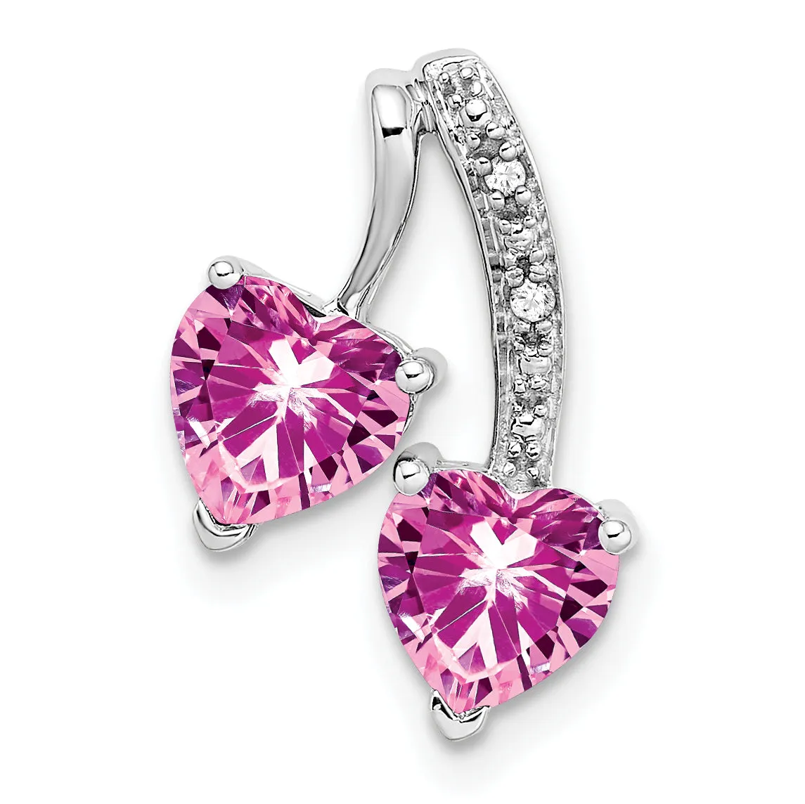 14k White Gold Created Pink Sapphire Diamond 2-Heart Pendant