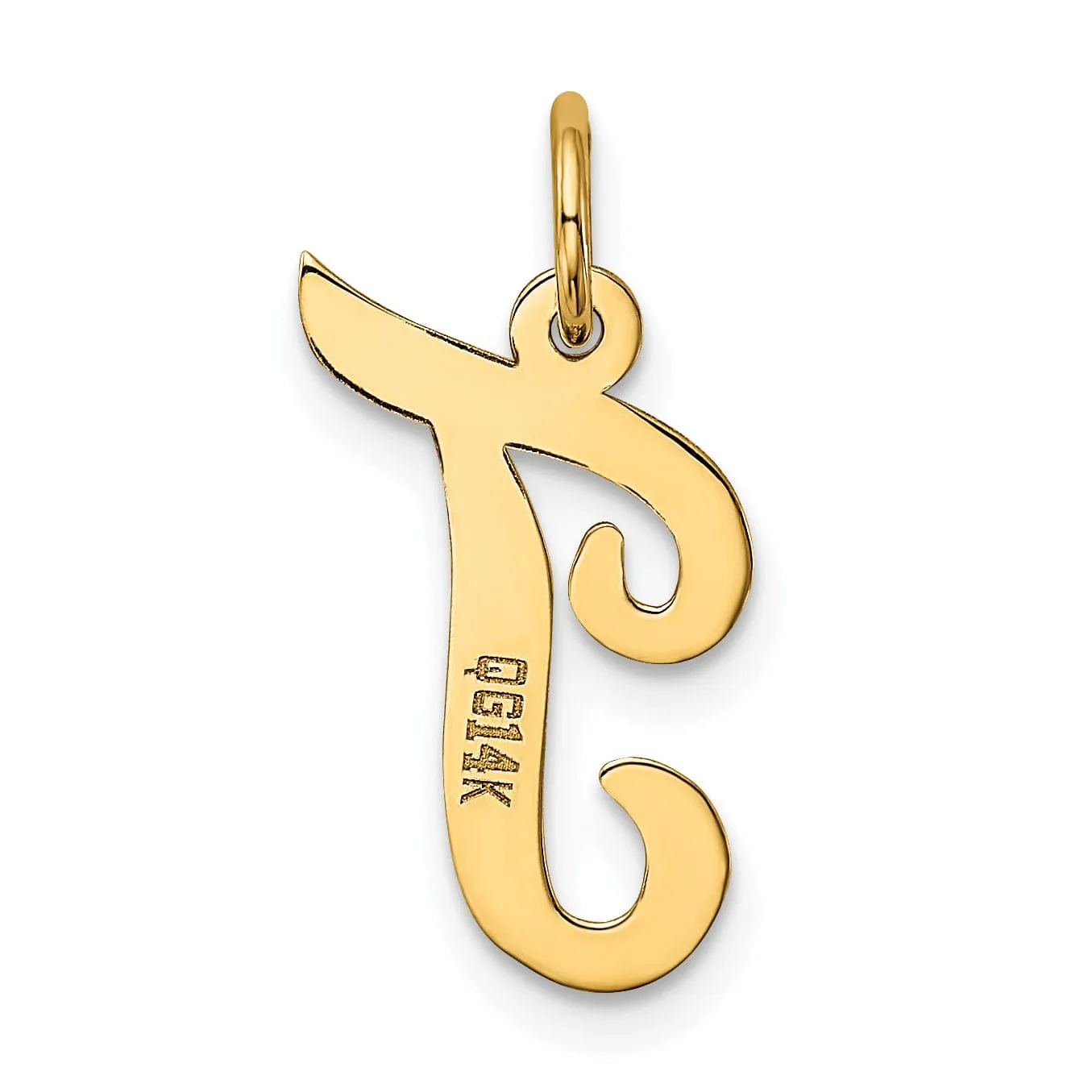 14K Yellow Gold Medium Size Fancy Script Design Letter T Initial Pendant