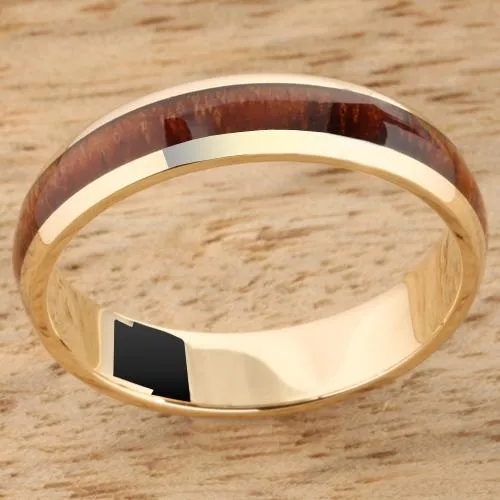 14K Yellow Gold Natural Koa Wood Oval Wedding Ring 5mm