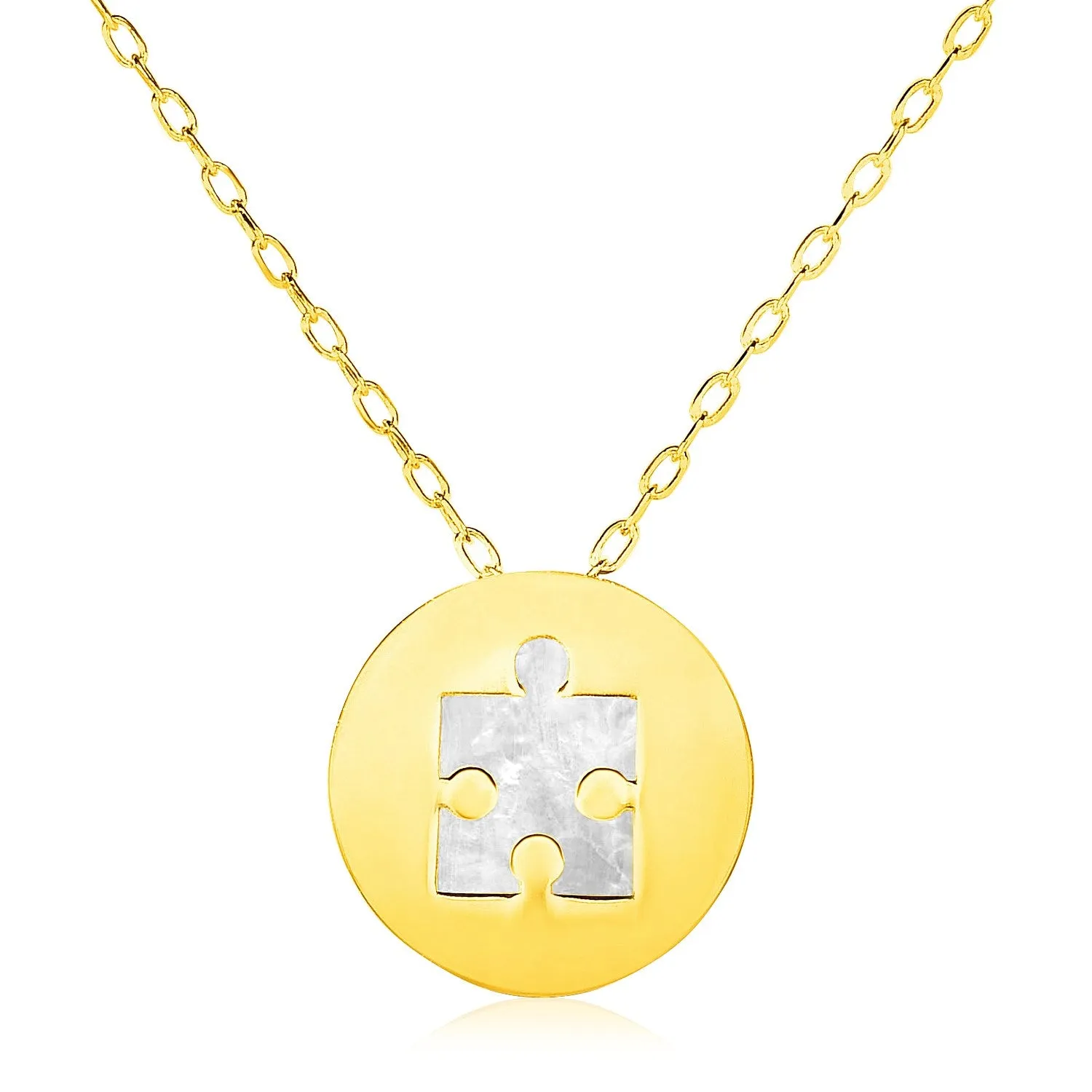 14k Yellow Gold Necklace with Puzzle Piece Symbol in Mother of Pearl