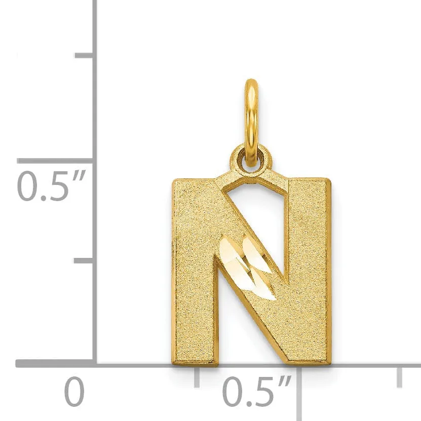 14k Yellow Gold Satin Diamond Cut Finish Letter N Initial Charm Pendant