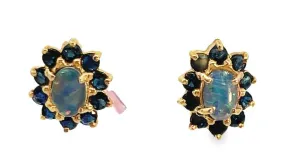 14y Oval Opal Doublet w/ Rd Blue Sapphire Halo Stud Earrings