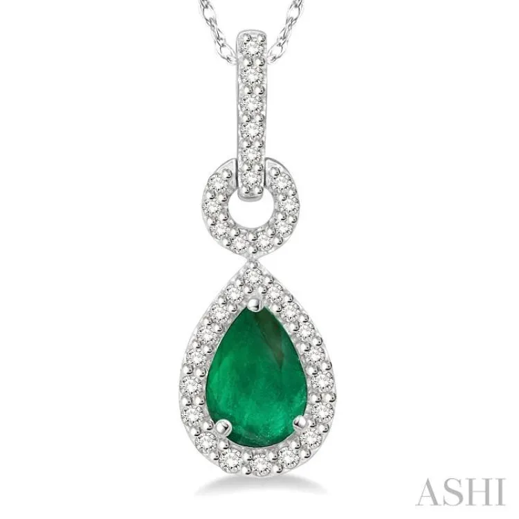 1/6 Ctw Round Cut Diamond and Pear Cut 6x4mm Emerald Drop Precious Pendant in 10K White Gold with chain