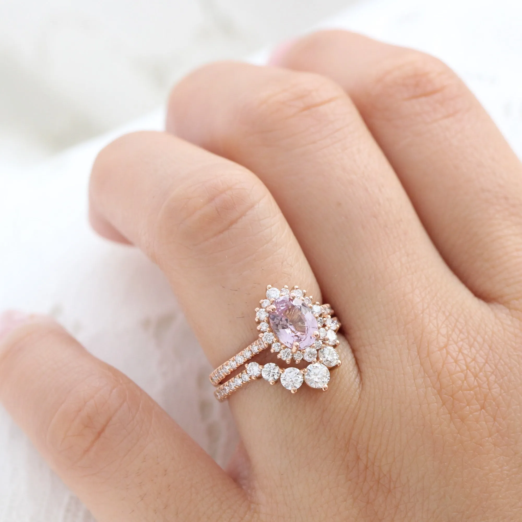 1.88 Ct Pastel Padparadscha Sapphire Ring in 14k Rose Gold Oval Halo Diamond, Size 6.25