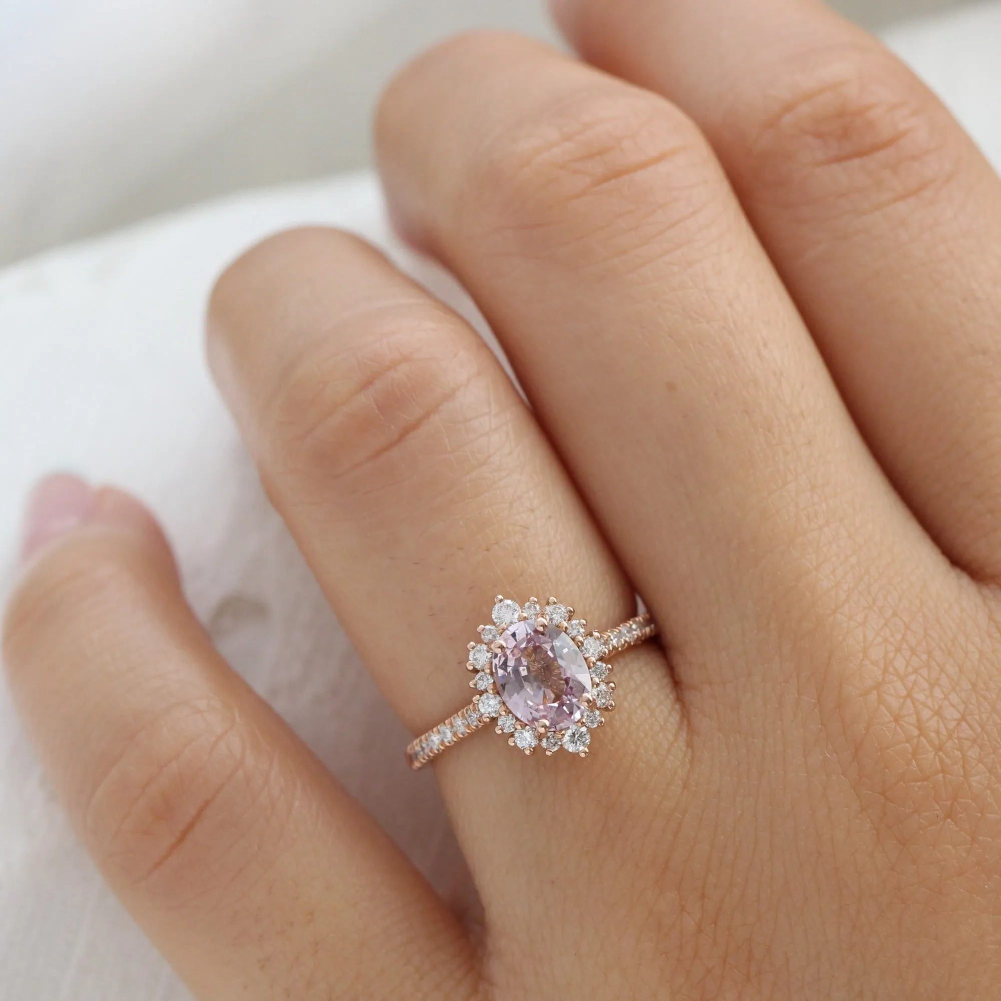 1.88 Ct Pastel Padparadscha Sapphire Ring in 14k Rose Gold Oval Halo Diamond, Size 6.25