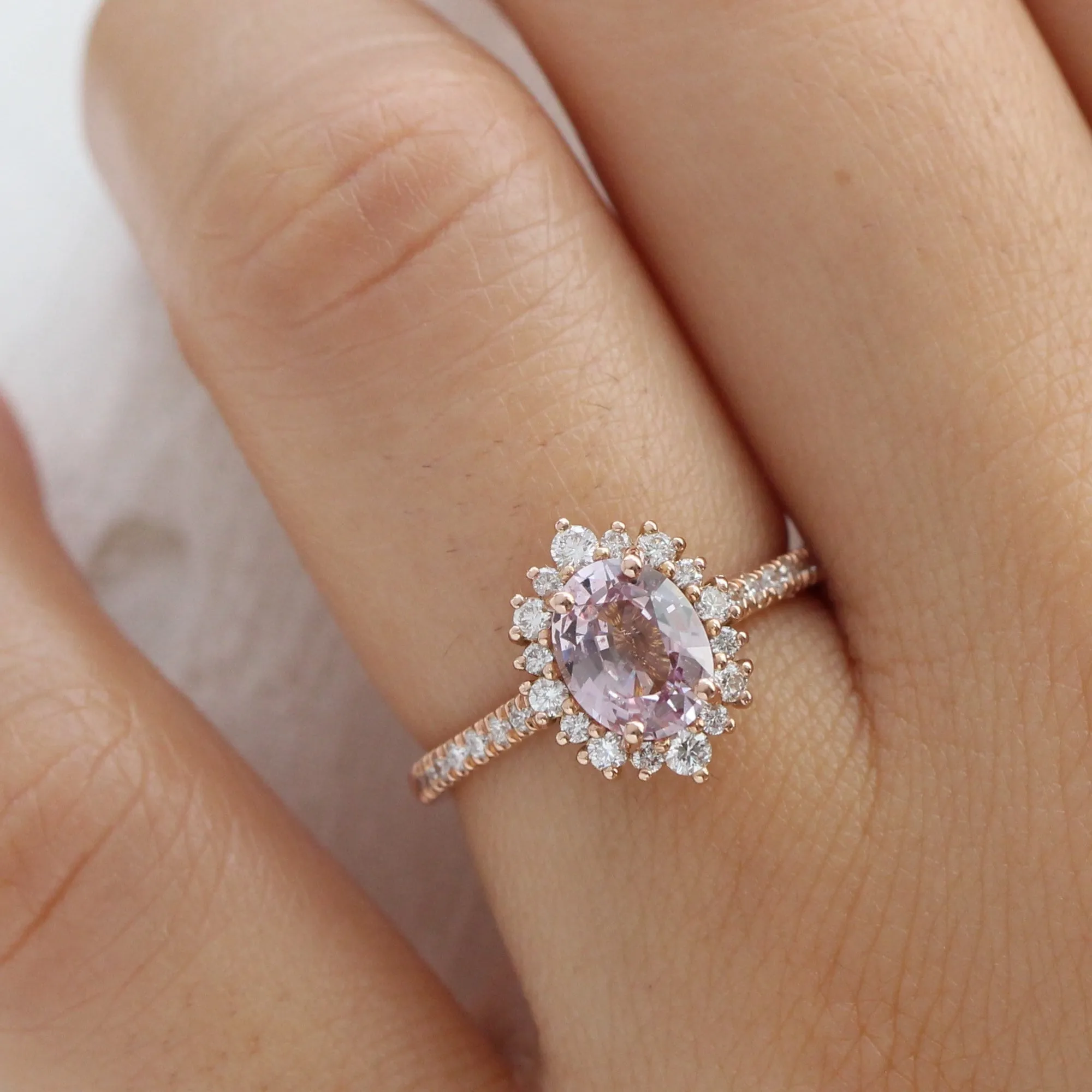 1.88 Ct Pastel Padparadscha Sapphire Ring in 14k Rose Gold Oval Halo Diamond, Size 6.25