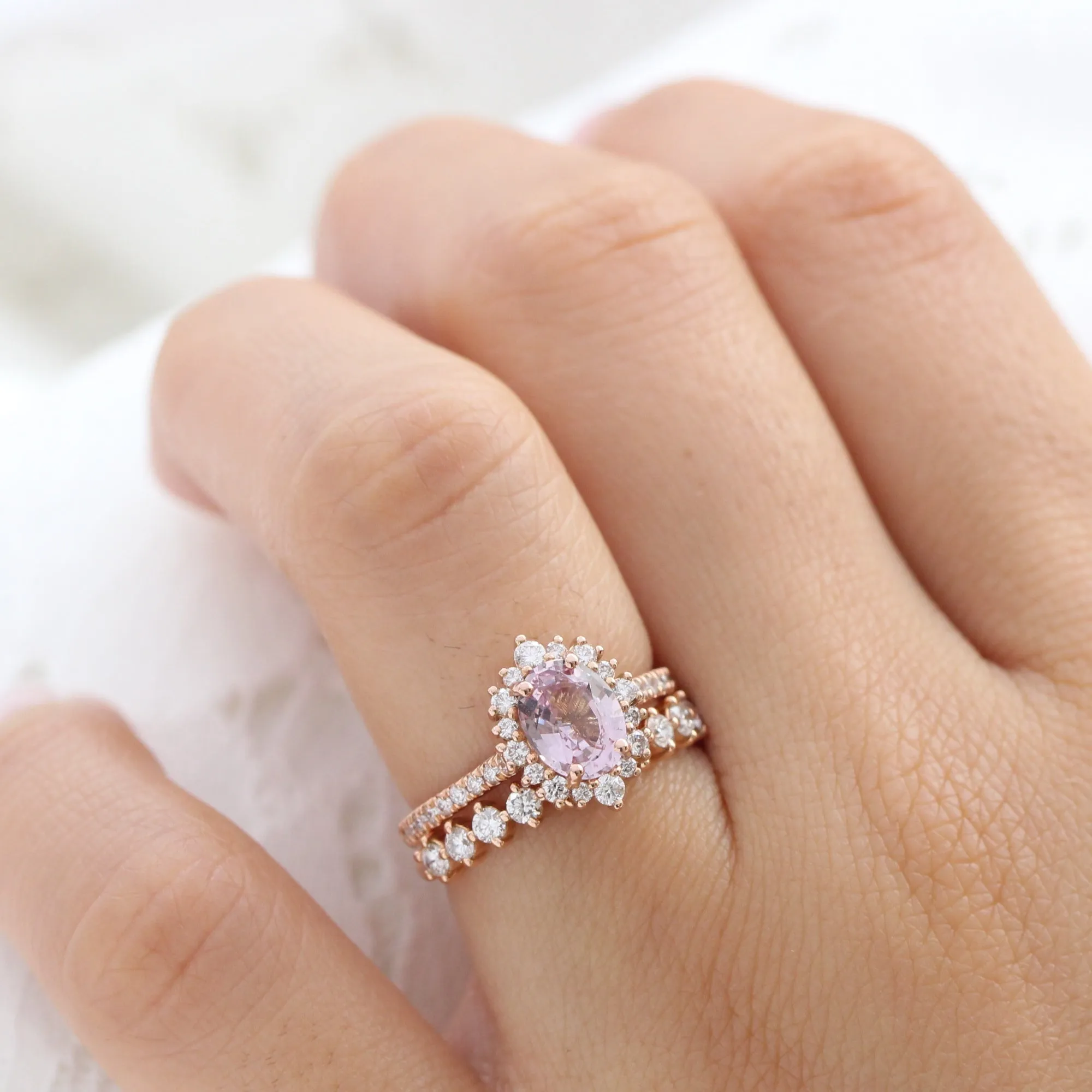 1.88 Ct Pastel Padparadscha Sapphire Ring in 14k Rose Gold Oval Halo Diamond, Size 6.25