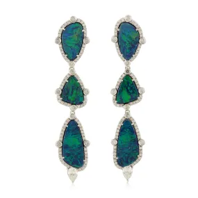 18K White Gold Triple Tier Opal Doublet Gemstone Micro Pave Diamond Danglers Jewelry