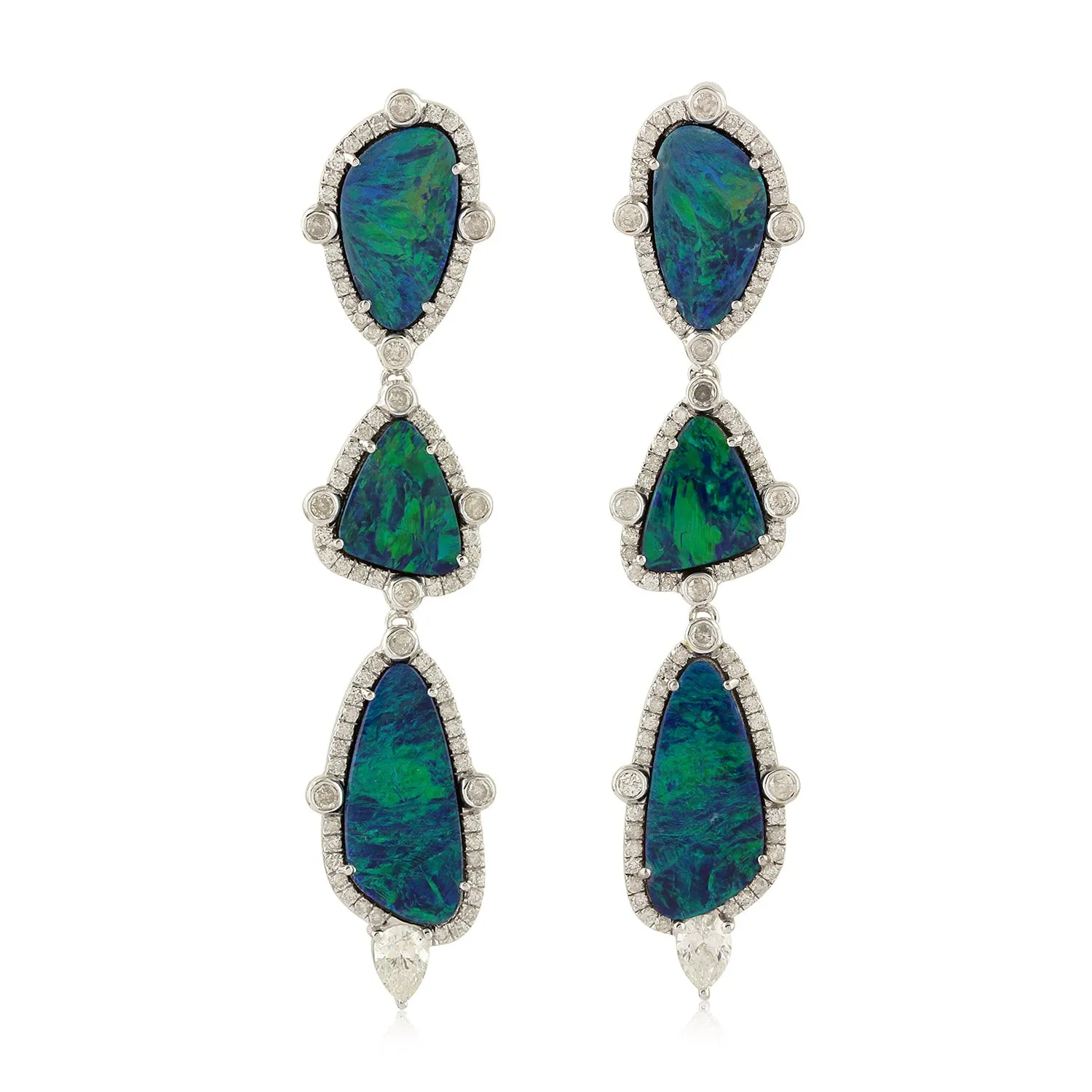 18K White Gold Triple Tier Opal Doublet Gemstone Micro Pave Diamond Danglers Jewelry