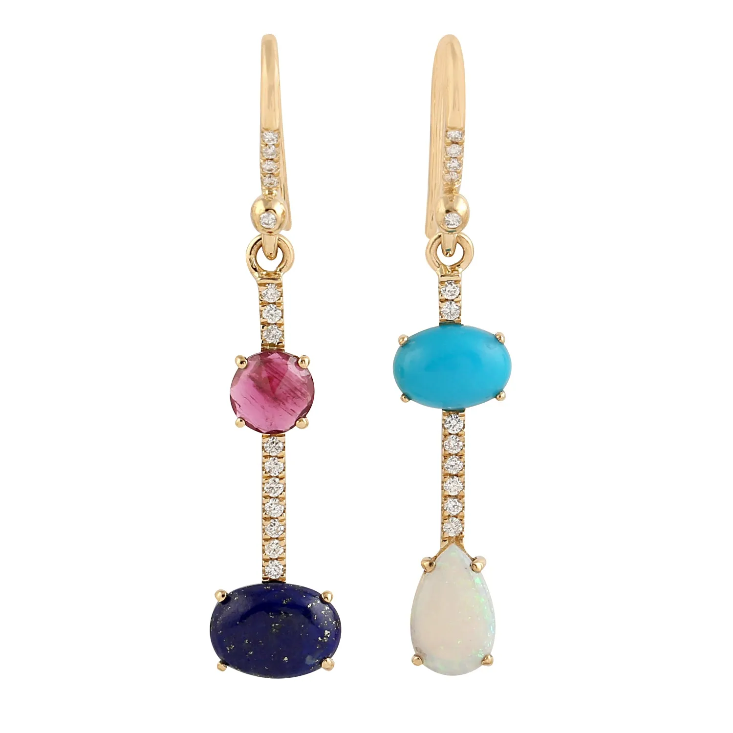 18k Yellow Gold Lapis Turmaline Opal Ethopian Daimond Dangle Earrings Women's Jewelry