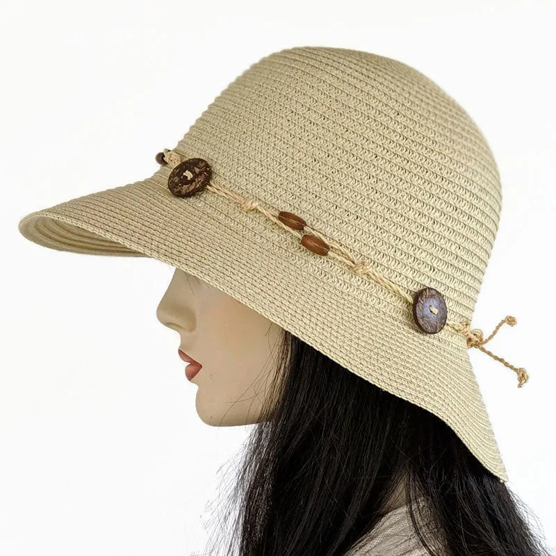 208 Wide Brim Straw Sun Hat with button trim