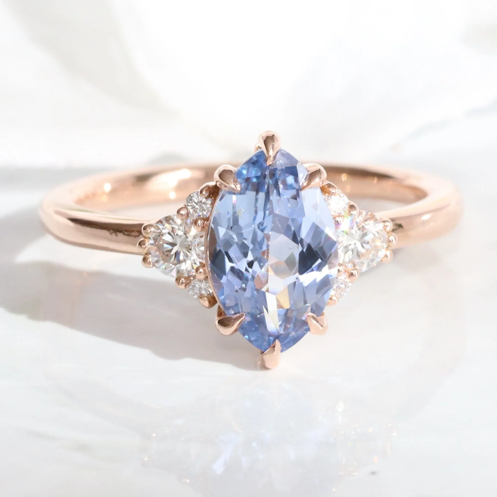 2.13 Ct Marquise Aqua Blue Sapphire Ring in 14k Rose Gold 3 Stone Diamond Size 6.75