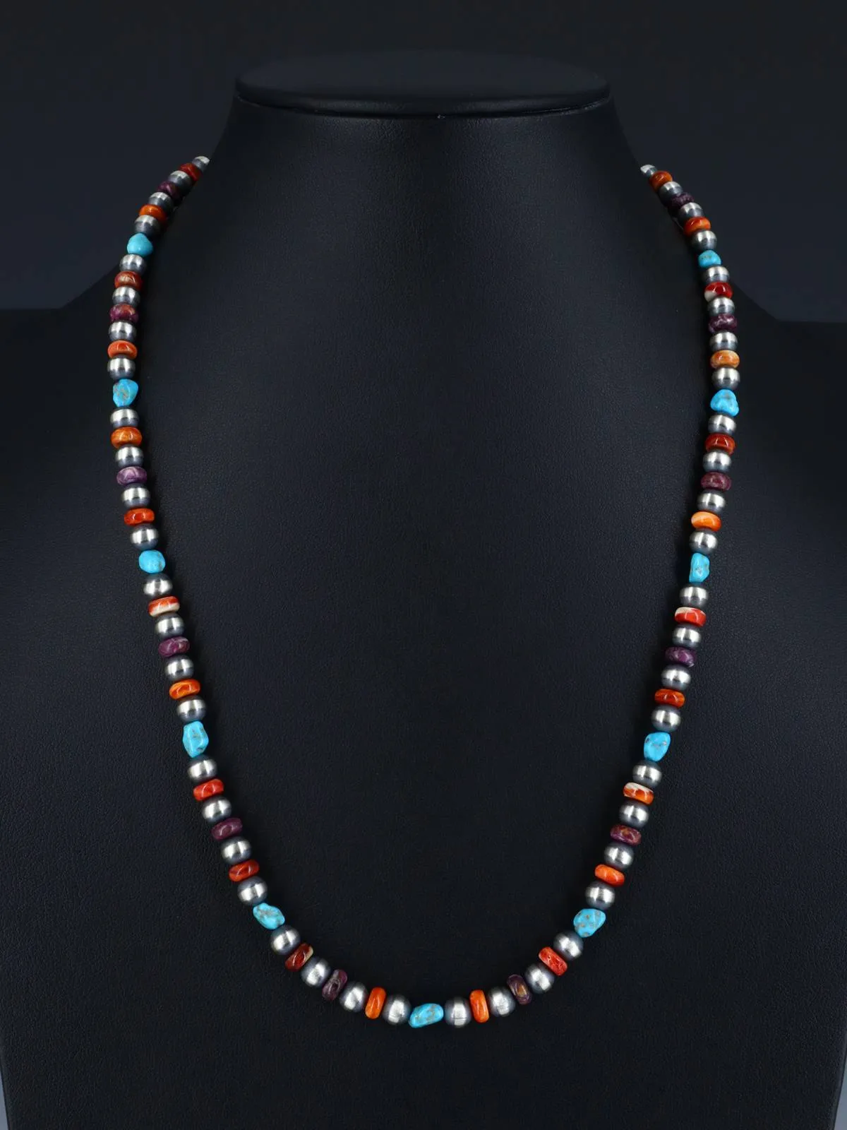 22" Native American Turquoise, Spiny Oyster and Silver Bead Necklace