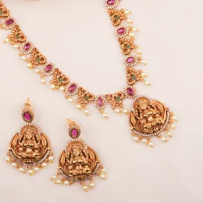 24K Gold Plated Nakshi Laxmi Long Haram Set With Multi Color Stones And Earrings