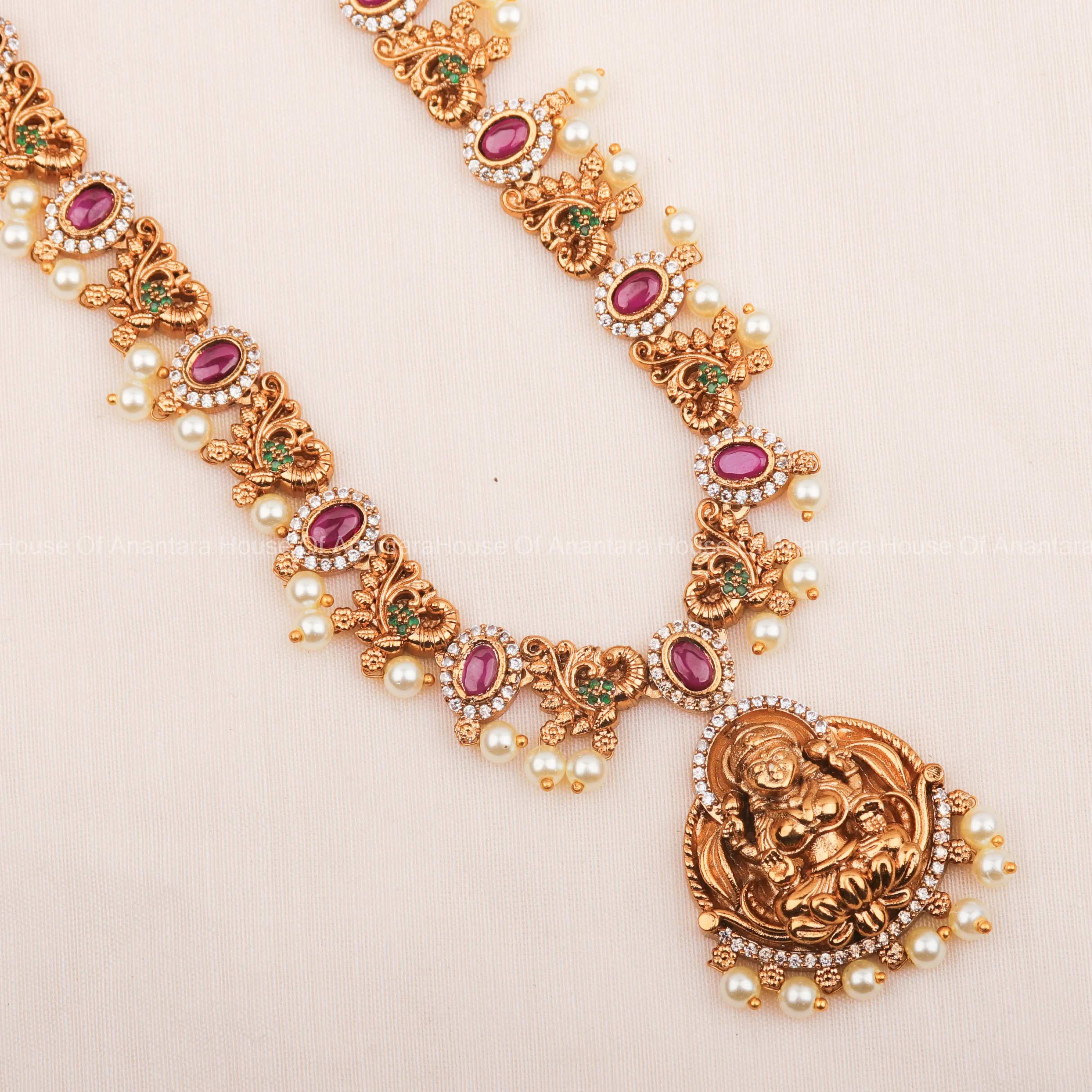 24K Gold Plated Nakshi Laxmi Long Haram Set With Multi Color Stones And Earrings