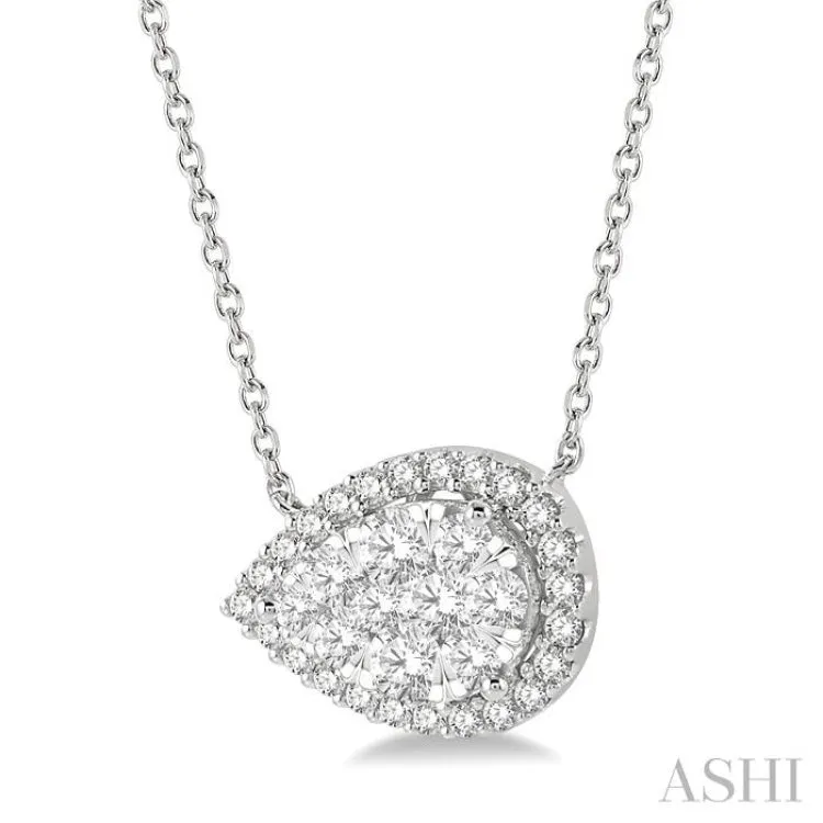 3/4 ctw Pear Shape Round Cut Diamond Lovebright Necklace in 14K White Gold