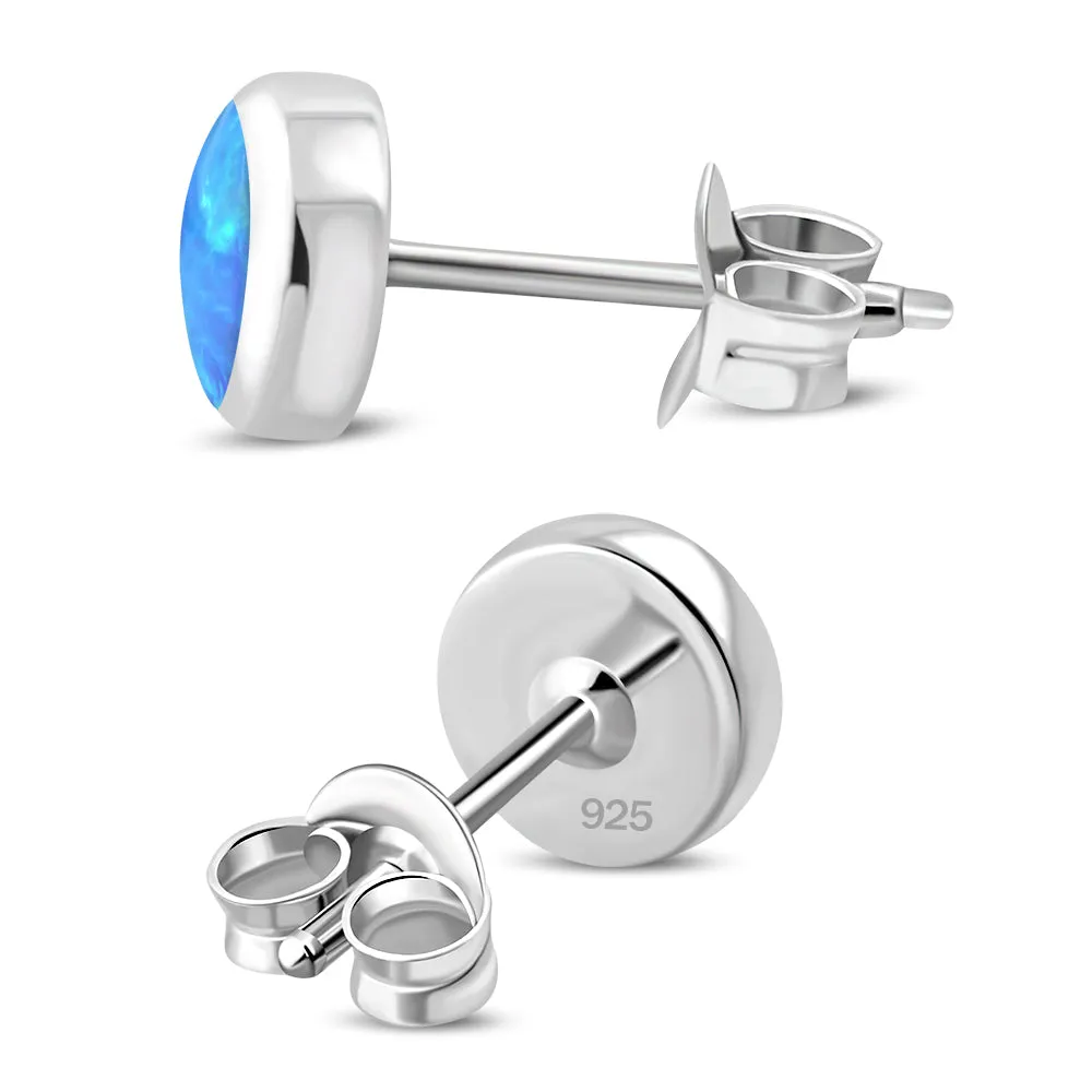 5mm | Round Synthetic Blue Opal Sterling Silver Stud Earrings