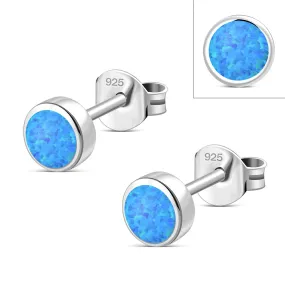 5mm | Round Synthetic Blue Opal Sterling Silver Stud Earrings