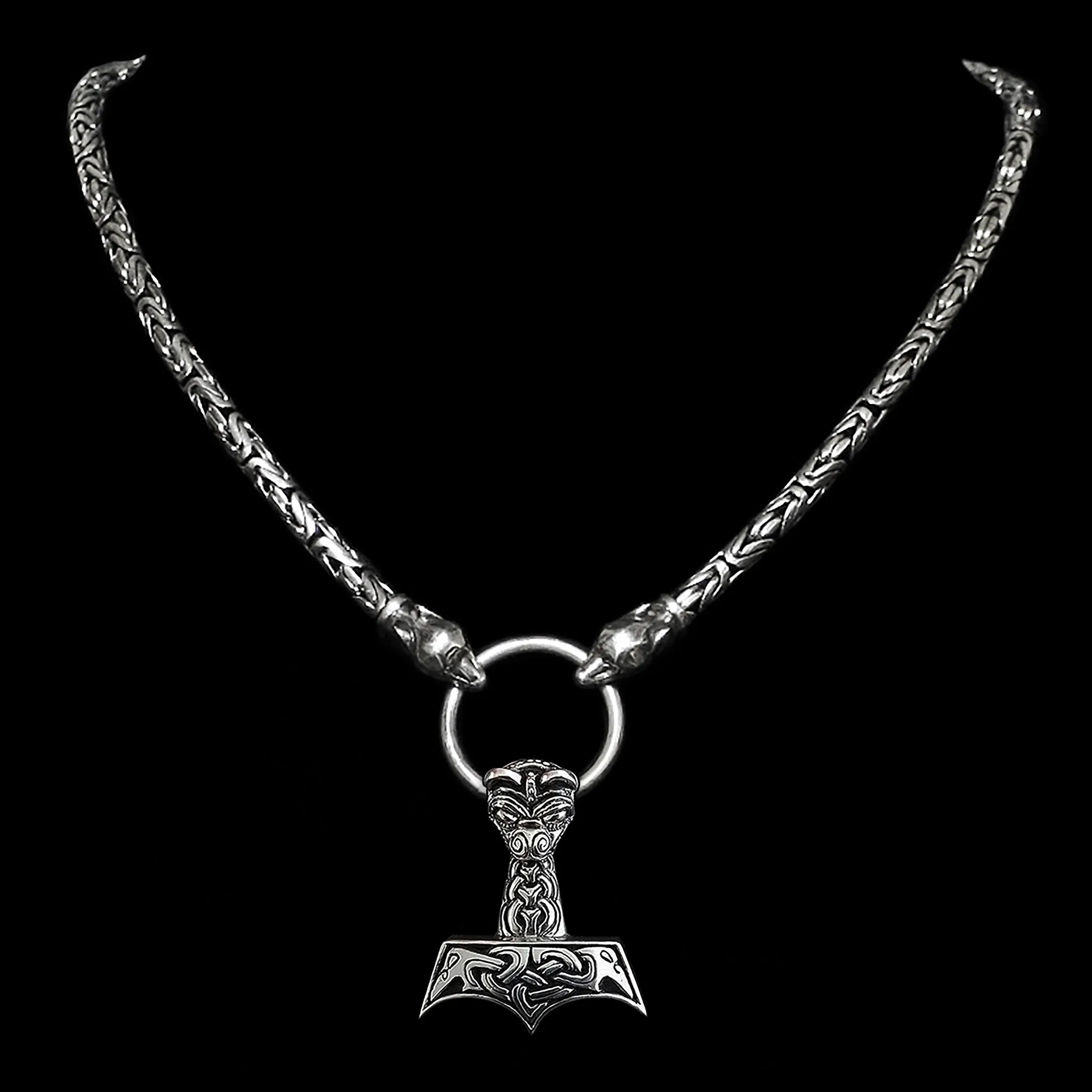 5mm Thick Silver King Chain Thors Hammer Necklace with Ferocious Wolf Heads