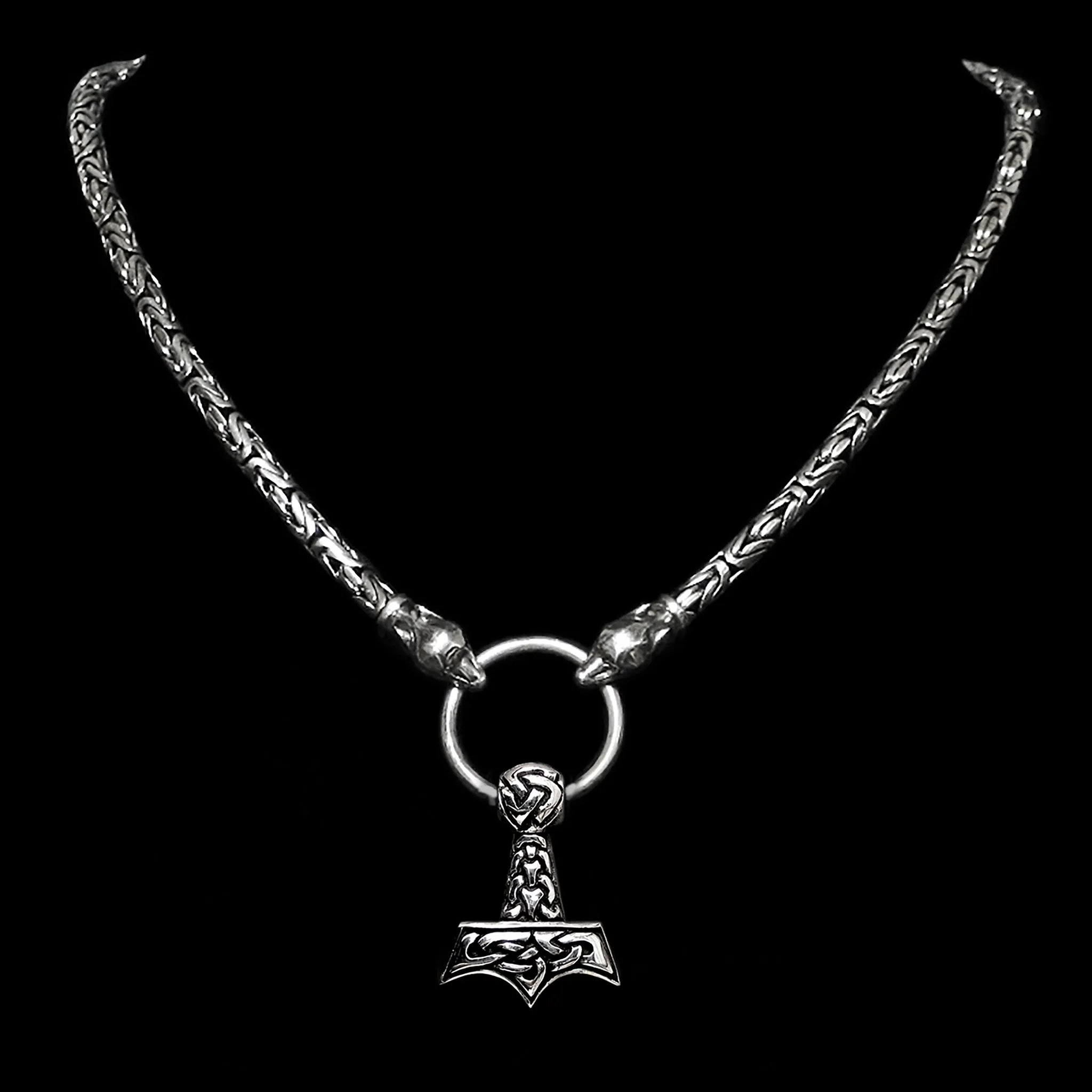 5mm Thick Silver King Chain Thors Hammer Necklace with Ferocious Wolf Heads