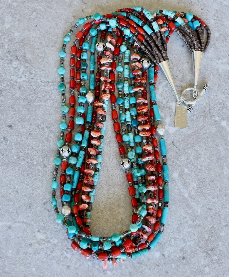 8-Strand Blended Turquoise, Coral and Spiny Oyster Shell Necklace with Olive Shell Heishi and Sterling Silver