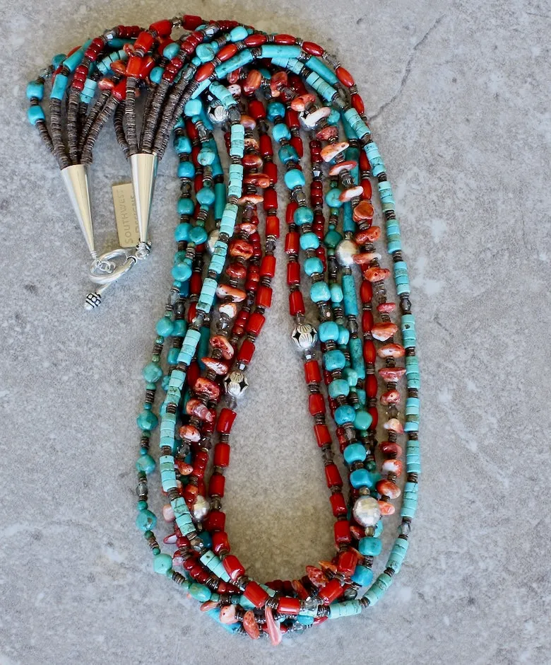 8-Strand Blended Turquoise, Coral and Spiny Oyster Shell Necklace with Olive Shell Heishi and Sterling Silver