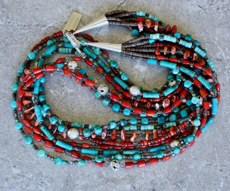 8-Strand Blended Turquoise, Coral and Spiny Oyster Shell Necklace with Olive Shell Heishi and Sterling Silver