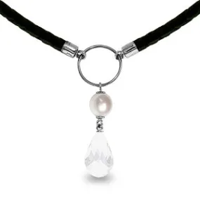 9 Carat 14K Solid White Gold Leather Necklace Pearl White Topaz