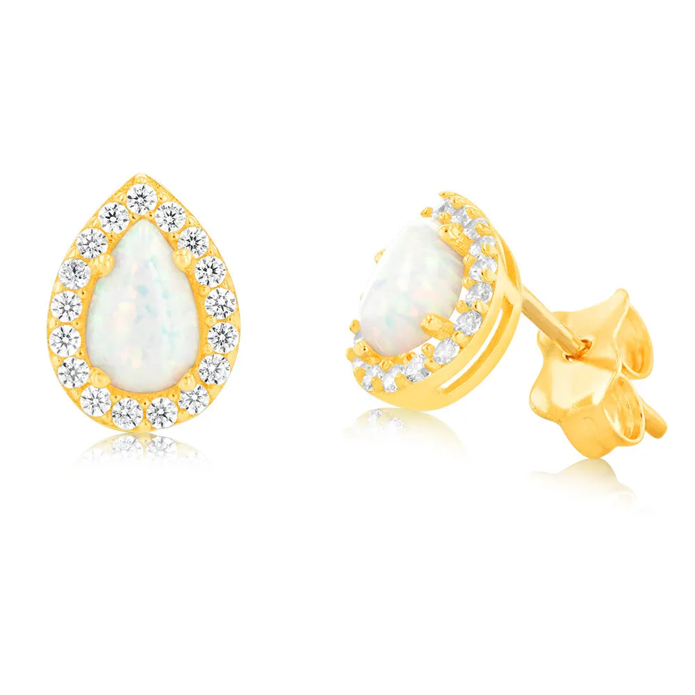 9ct Yellow Gold Teardrop Created Opal & Zirconia Stud Earrings