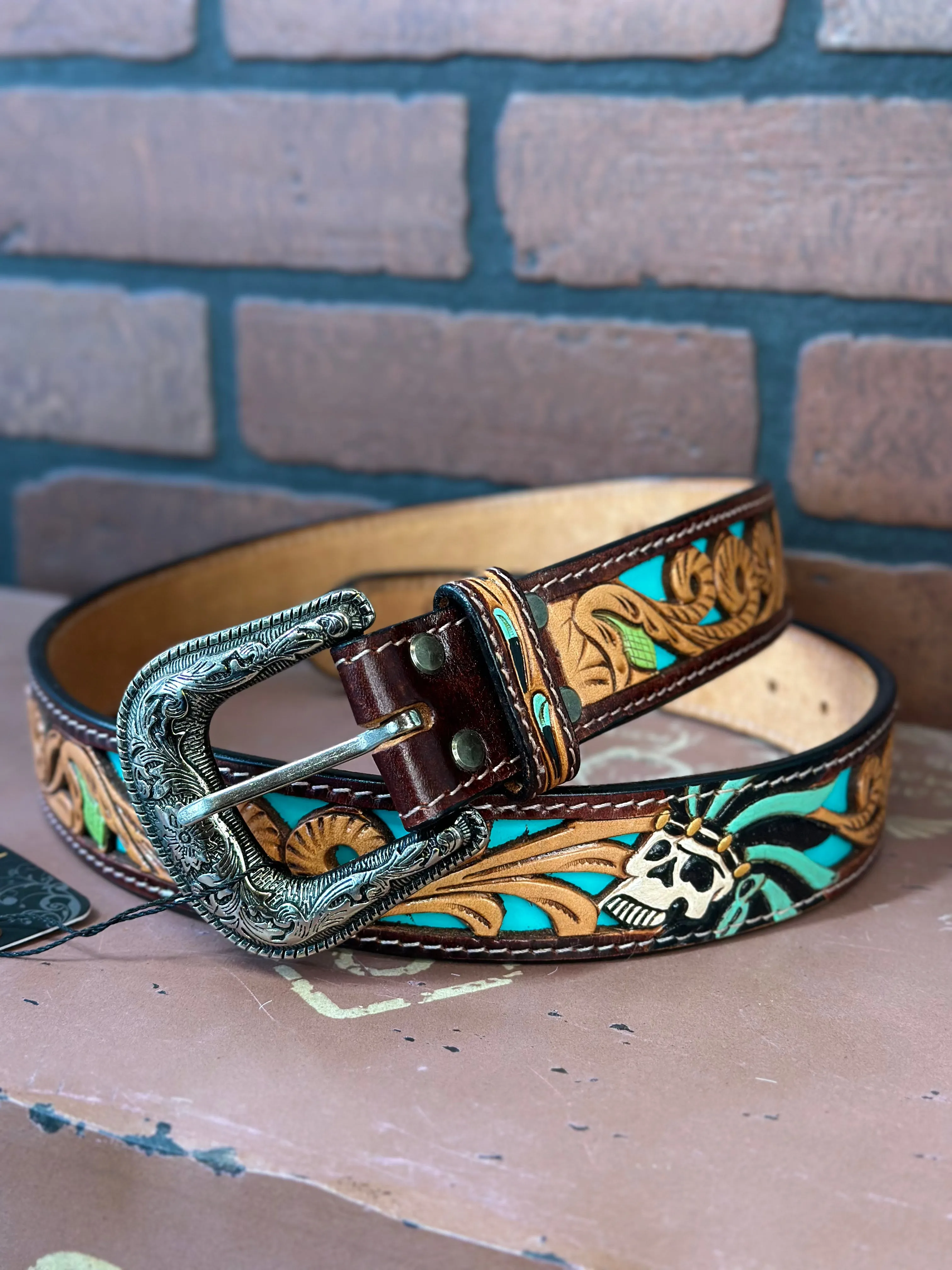 American Darling Skull & Rope Hand Tooled & Painted Leather Belt ADBLF128