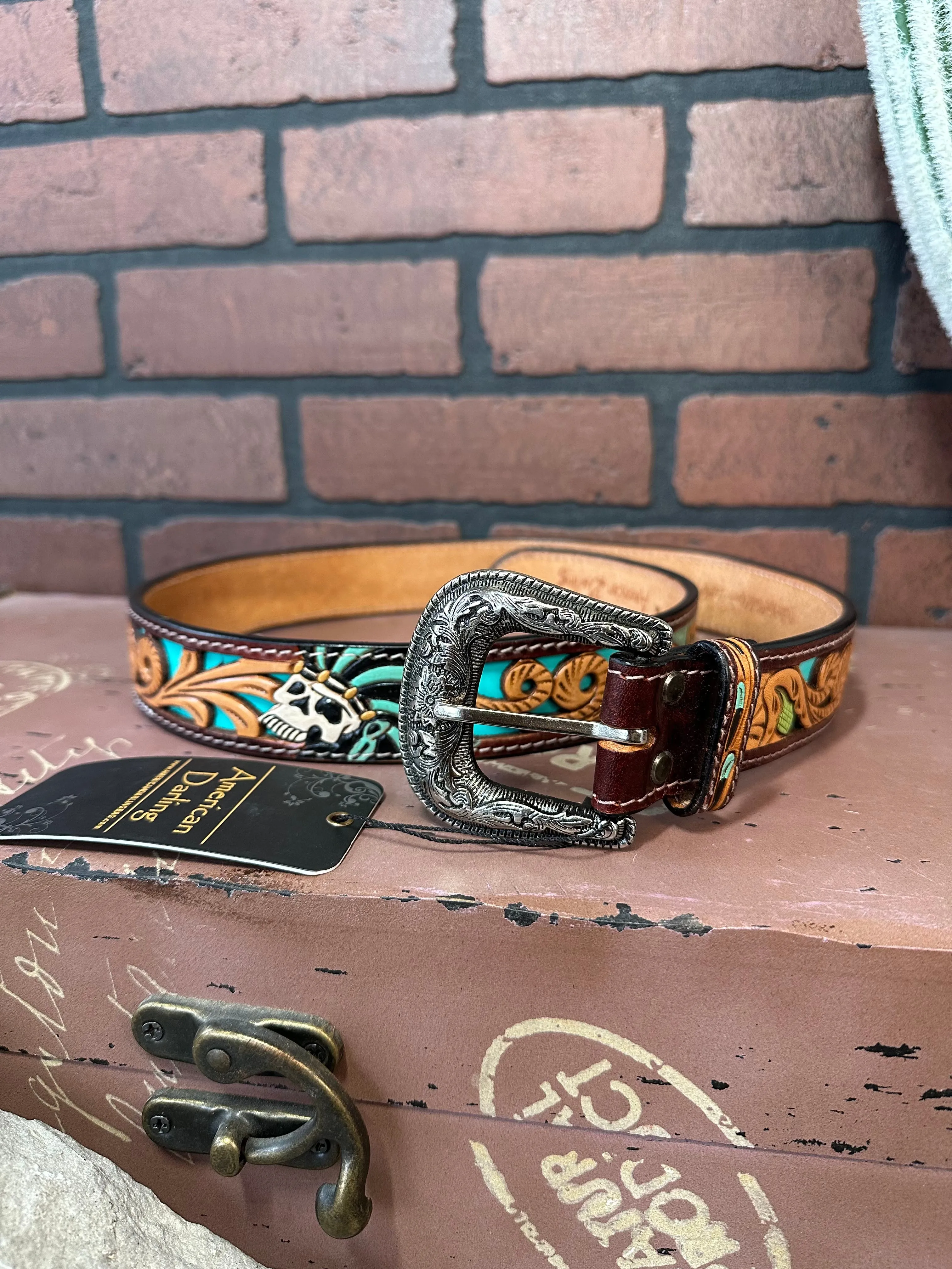 American Darling Skull & Rope Hand Tooled & Painted Leather Belt ADBLF128