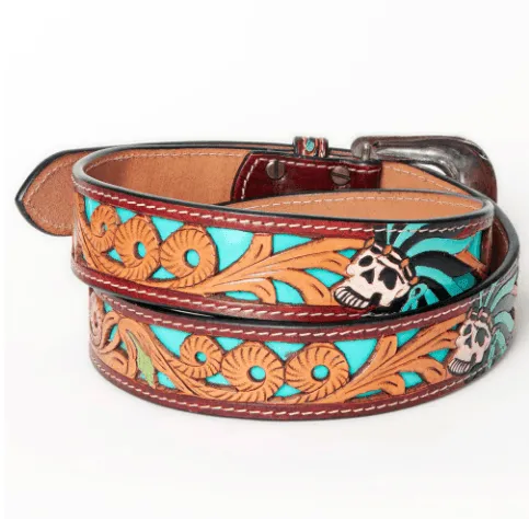 American Darling Skull & Rope Hand Tooled & Painted Leather Belt ADBLF128