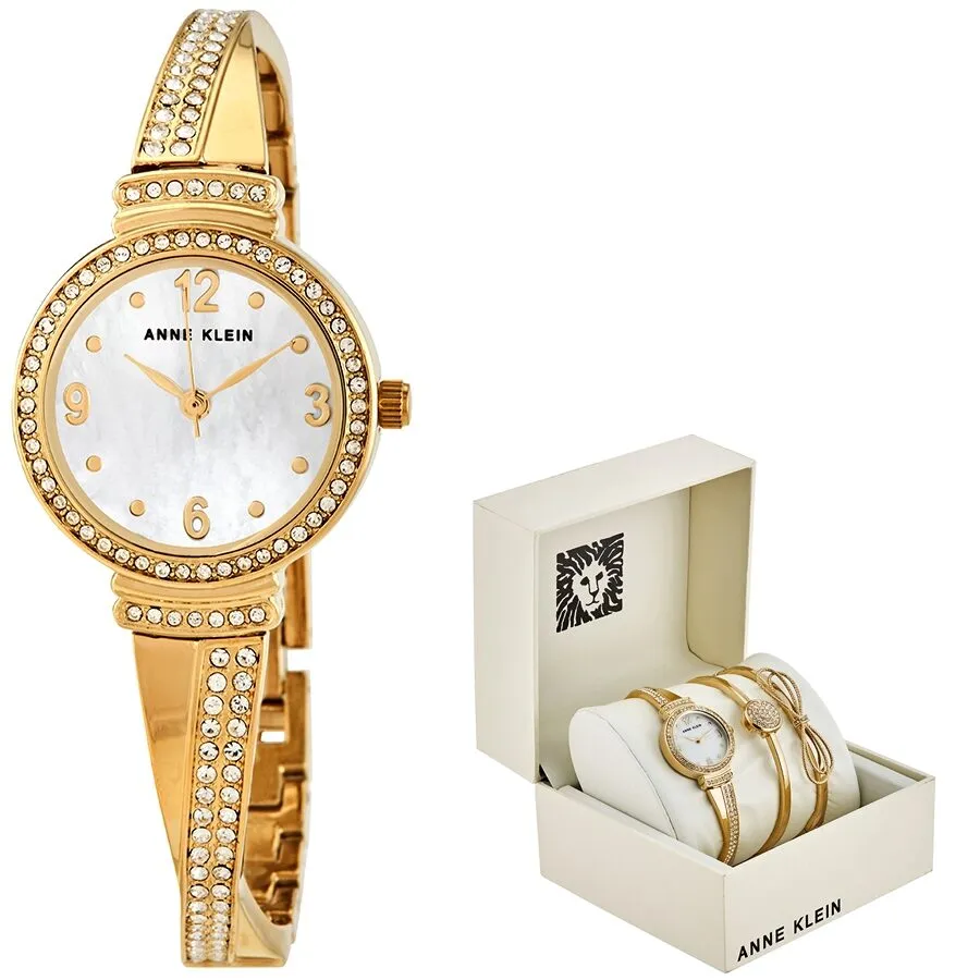 Anne Klein Quartz Crystal White Mother of Pearl Dial Ladies Watch and Bracelet Set AK/3178GBST