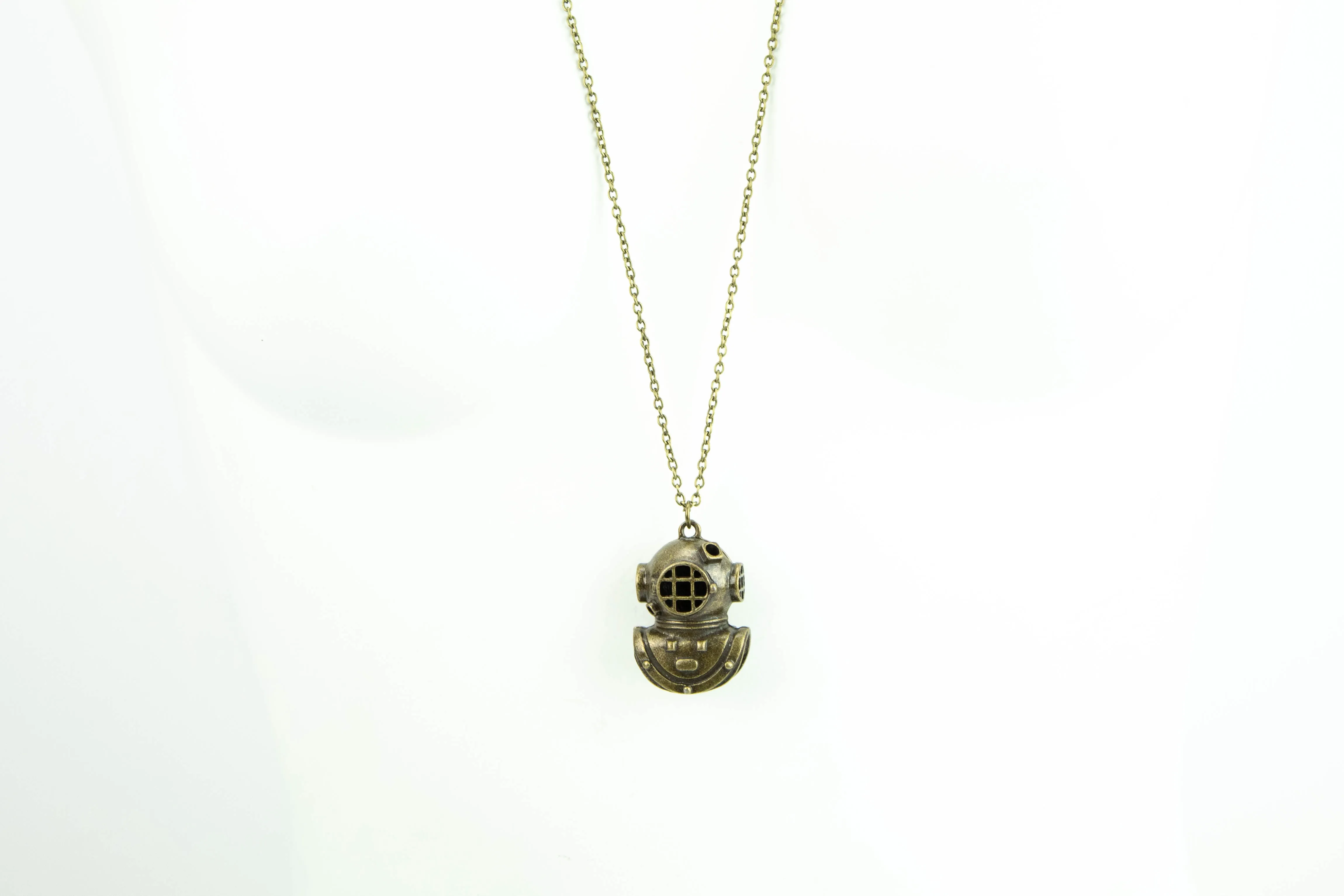 Antique Brass Vintage Scuba Helmet Long Necklace