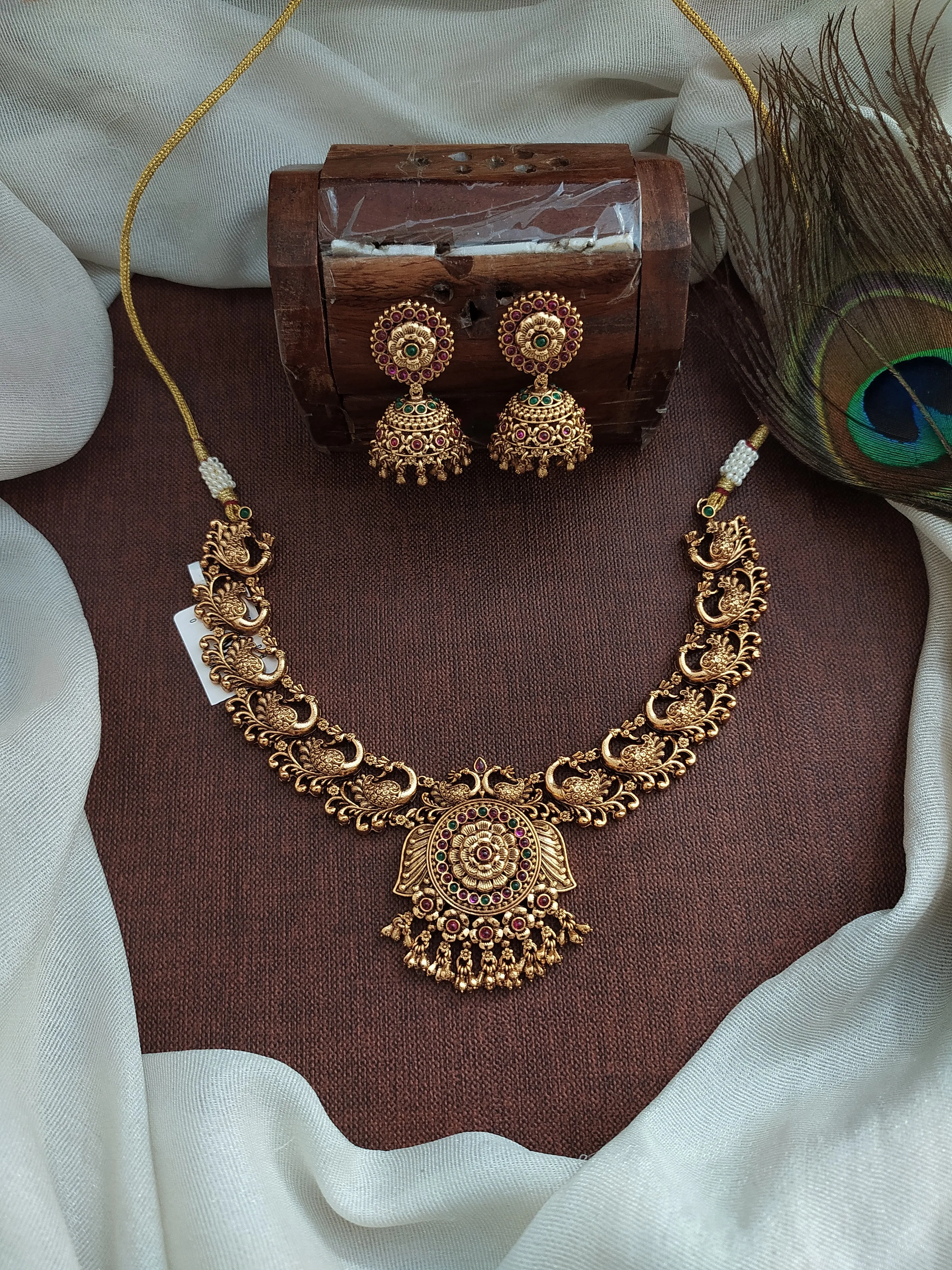 Antique Peacock Design Necklace with Jhumki Set – Kemp and Green Stones