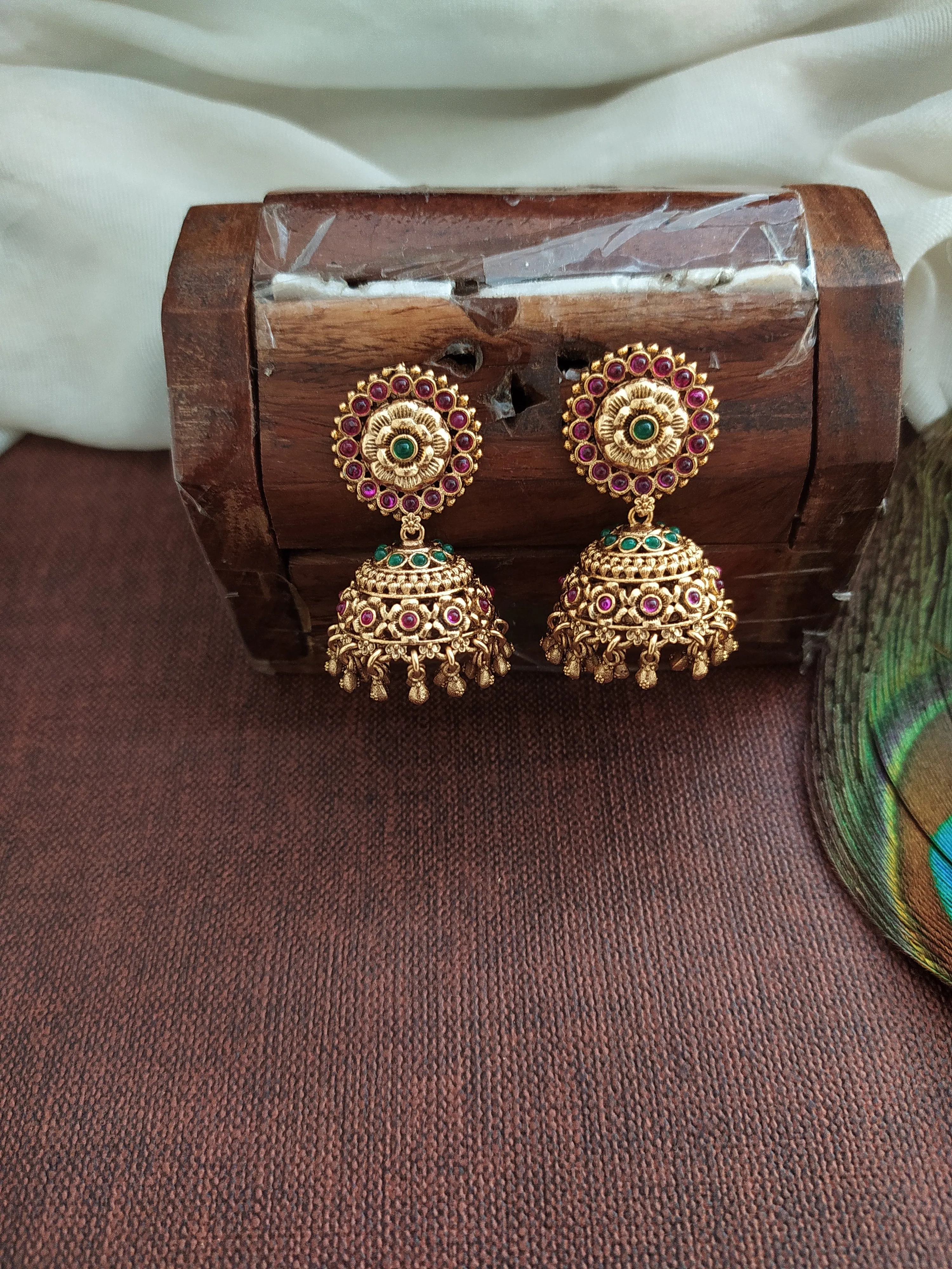 Antique Peacock Design Necklace with Jhumki Set – Kemp and Green Stones