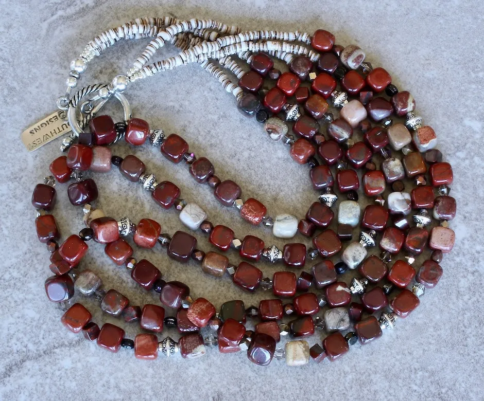 Apple Jasper Cubes 3-Strand Necklace with Czech Glass, Red Jasper, Oyster Shell Heishi and Sterling Silver