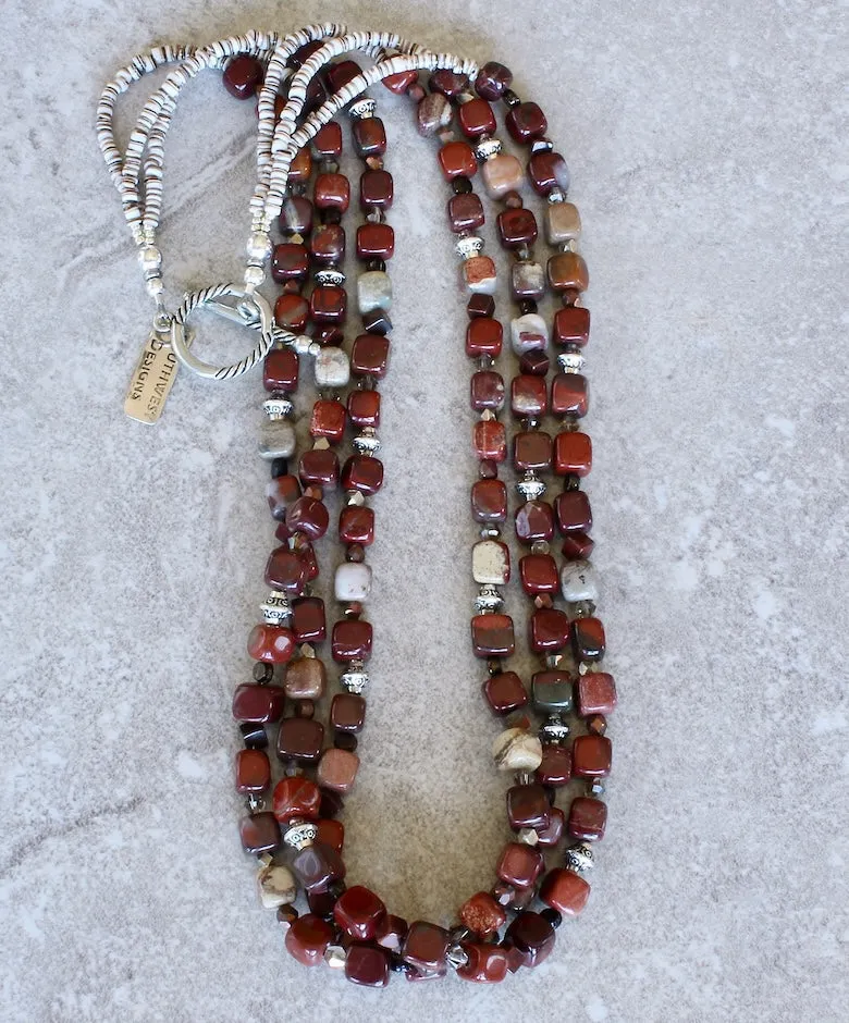 Apple Jasper Cubes 3-Strand Necklace with Czech Glass, Red Jasper, Oyster Shell Heishi and Sterling Silver